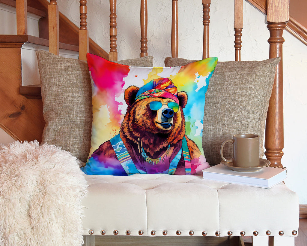 Hippie Animal Grizzly Bear Decorative Throw Pillow 14x14 Indoor Outdoor Accent Cushion, Fabric Cover with Insert for Sofa, Bed, Porch & Living Room