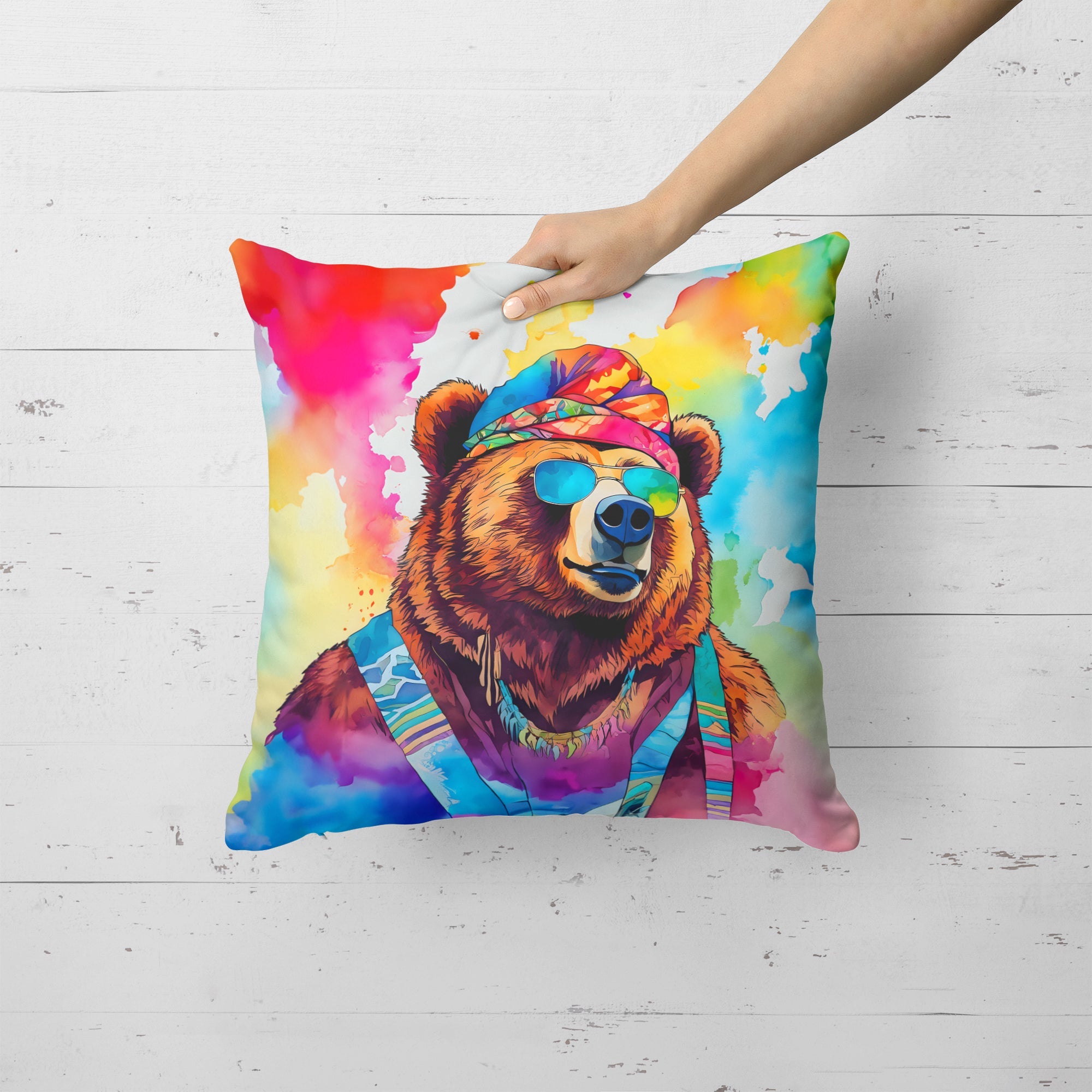 Hippie Animal Grizzly Bear Decorative Throw Pillow 18x18 Indoor Outdoor Accent Cushion, Fabric Cover with Insert for Sofa, Bed, Porch & Living Room