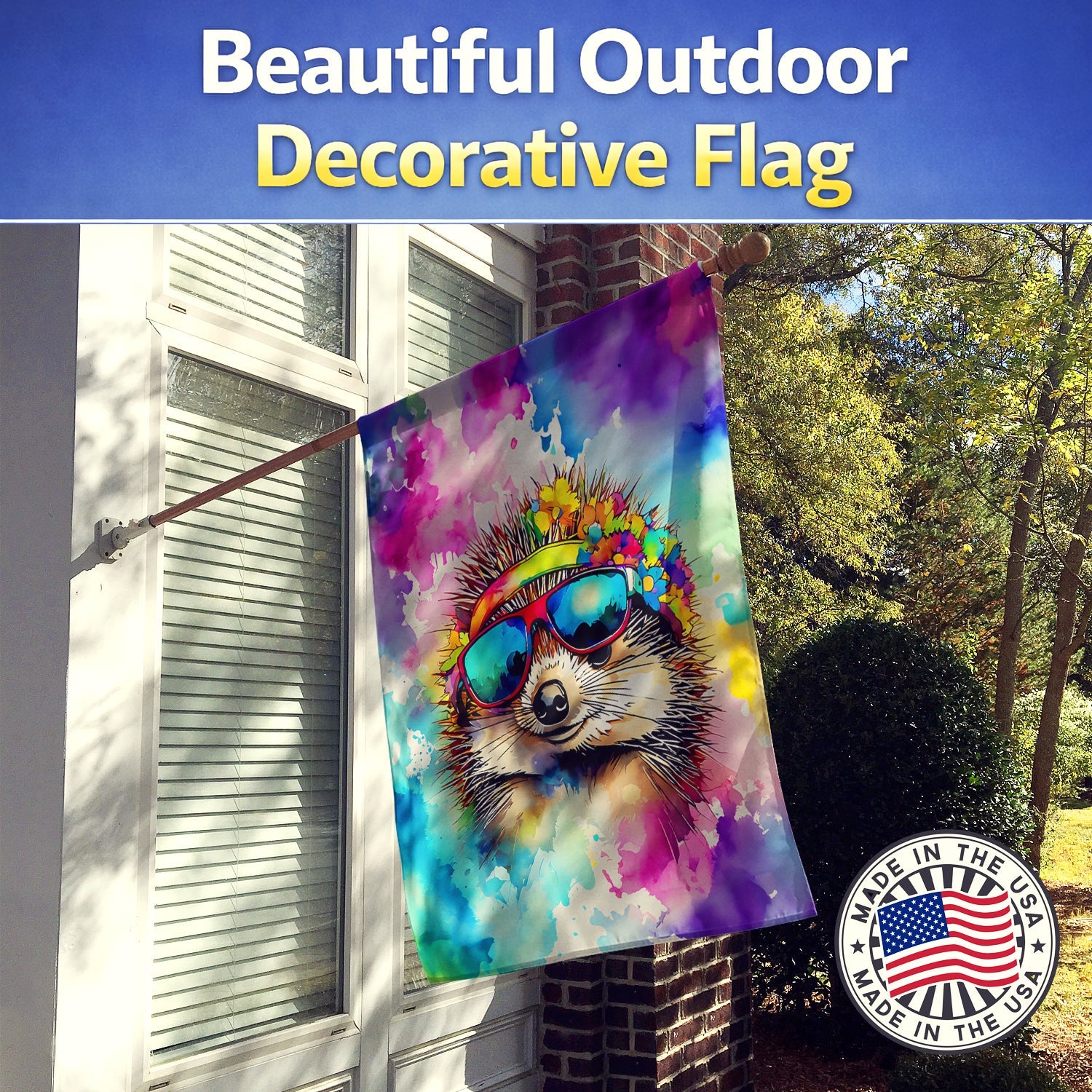 Hippie Animal Hedgehog House Flag 28x40 Porch Sleeve Pole Decorative Outside Yard Banner Artwork Wall Hanging, Polyester