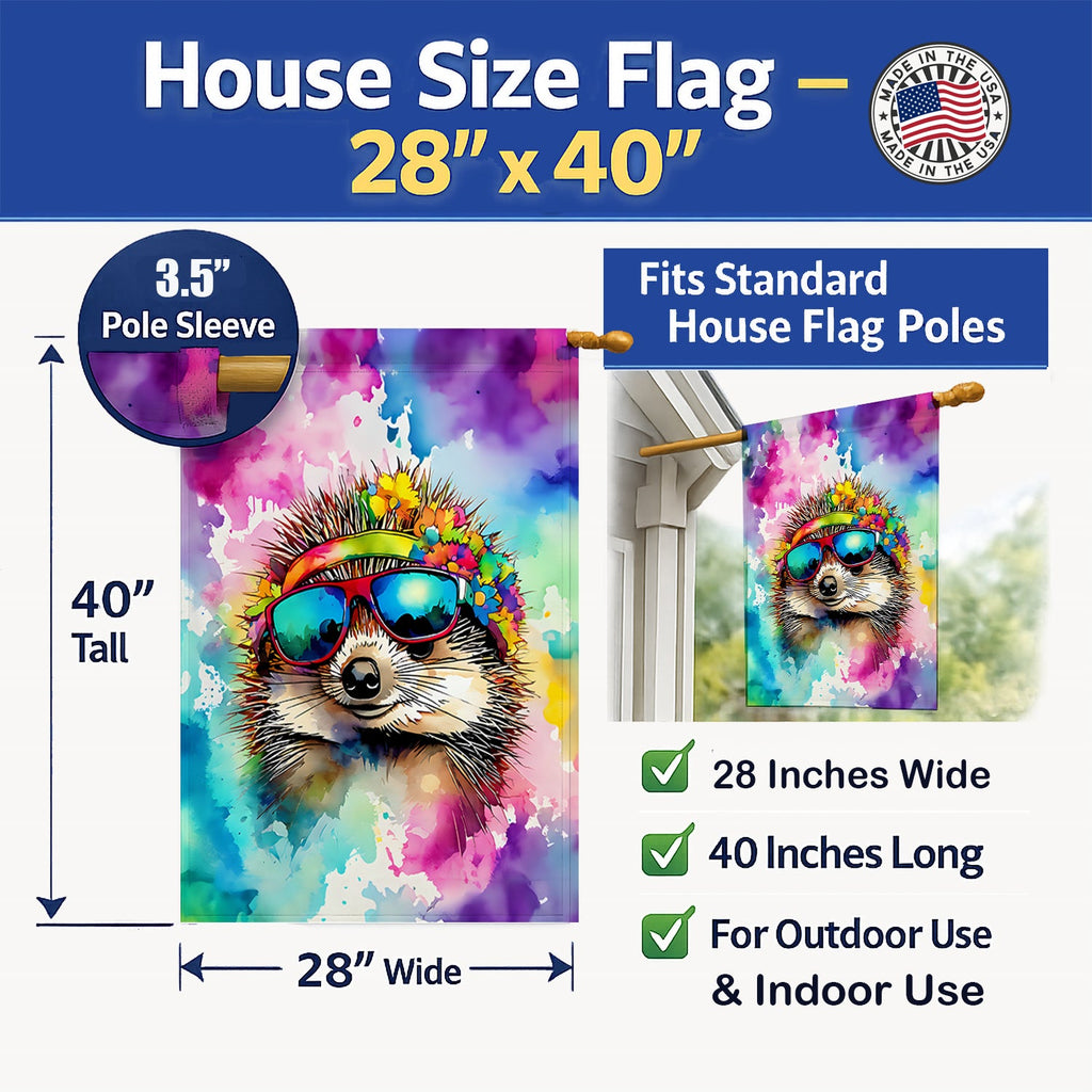 Hippie Animal Hedgehog House Flag 28x40 Porch Sleeve Pole Decorative Outside Yard Banner Artwork Wall Hanging, Polyester