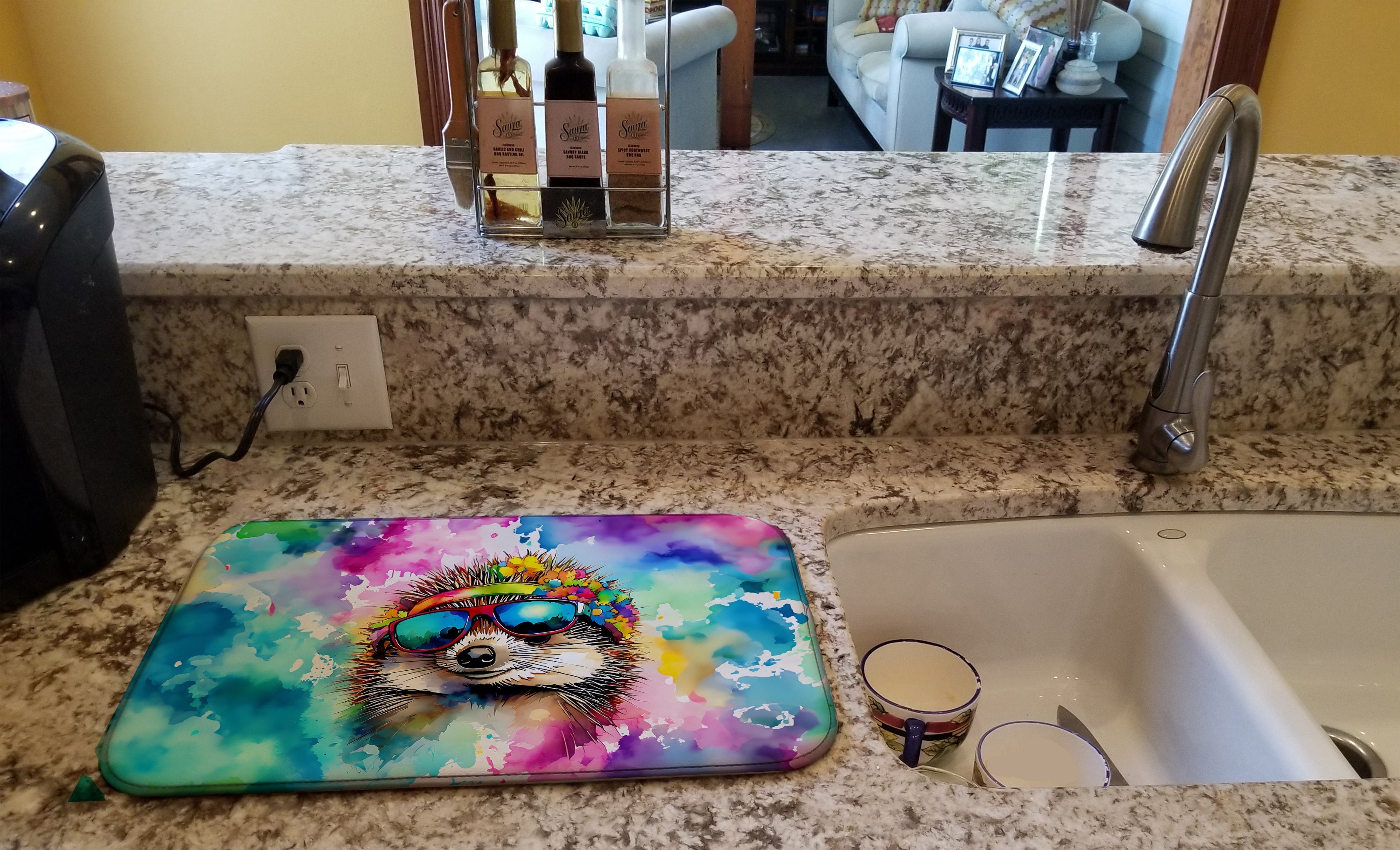Hippie Animal Hedgehog Dish Drying Mat Absorbent Dish Drying Mat Pad for Kitchen Counter Dish Drainer Mat for Countertop, 14 x 21", Multicolor