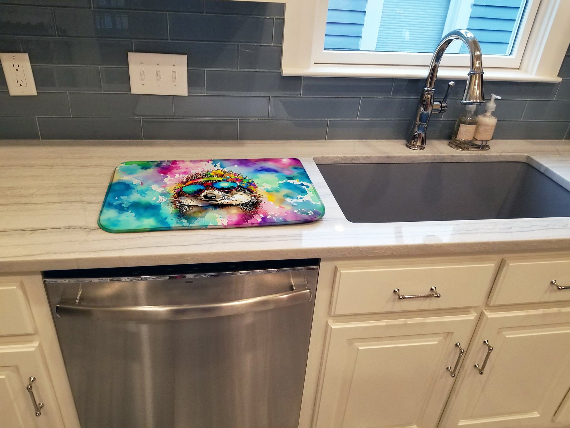 Hippie Animal Hedgehog Dish Drying Mat Absorbent Dish Drying Mat Pad for Kitchen Counter Dish Drainer Mat for Countertop, 14 x 21", Multicolor