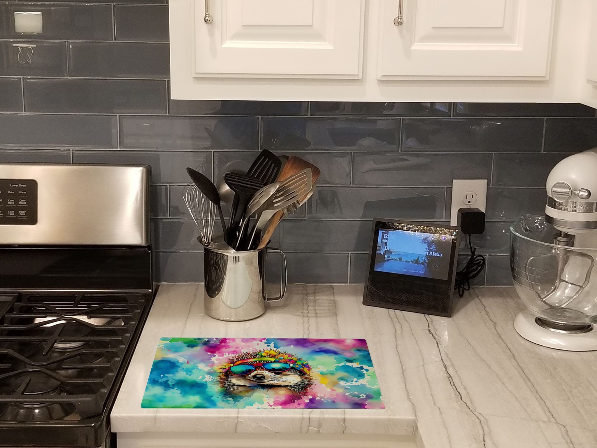 Hippie Animal Hedgehog Cutting Board Tempered Glass Kitchen Cutting Surface, Heat Resistant Chopping, Non-Slip Feet, Food Prep & Serving