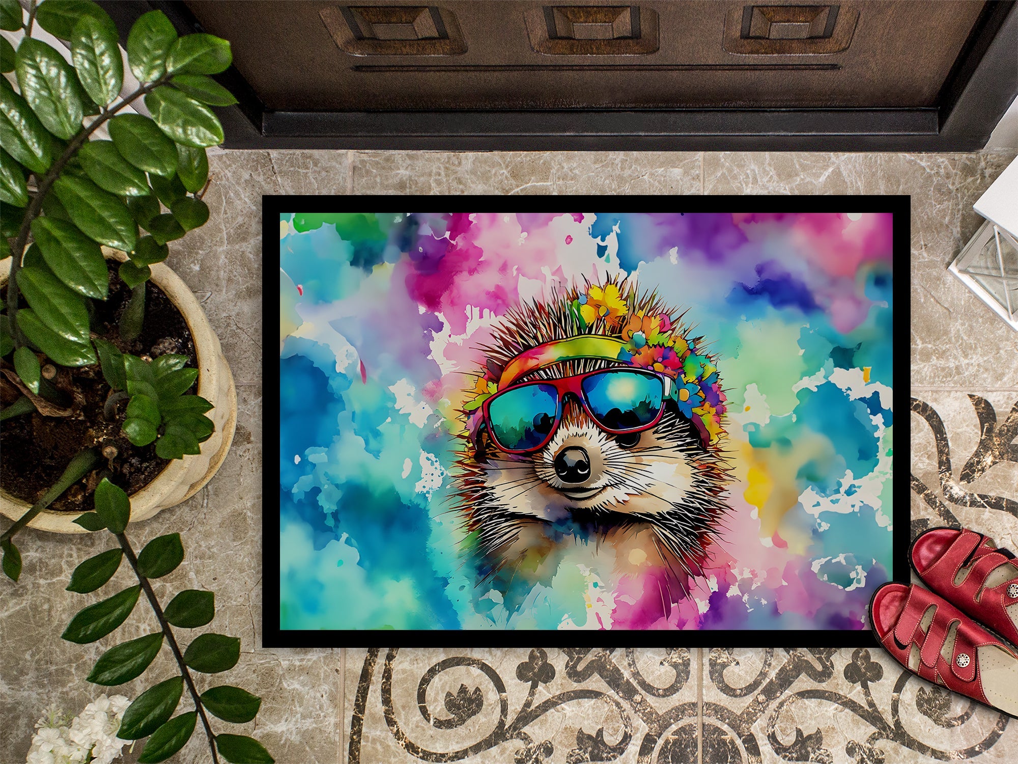 Hippie Animal Hedgehog Doormat Indoor Outdoor 18H X 27W Front Door Mat Rugs for Entryway, Non Slip Washable