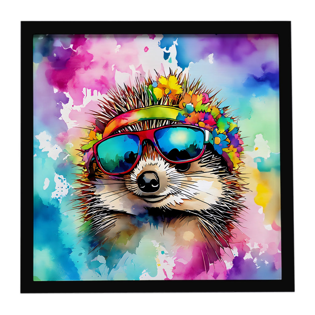 Hippie Animal Hedgehog Framed Metal Print Bathroom, Kitchen, Office, Home Decor Wall Art Ready to Hang, Square, 8X8