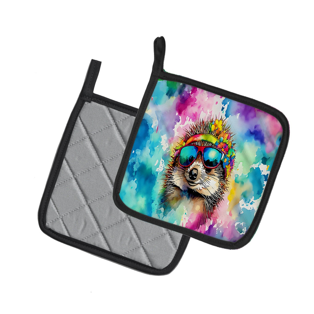 Hippie Animal Hedgehog Pot Holder Set of 2 Heat Resistant Quilted Hot Pads 7.5 x 7.5 Inch, Insulated Kitchen Trivets for Cooking & Baking