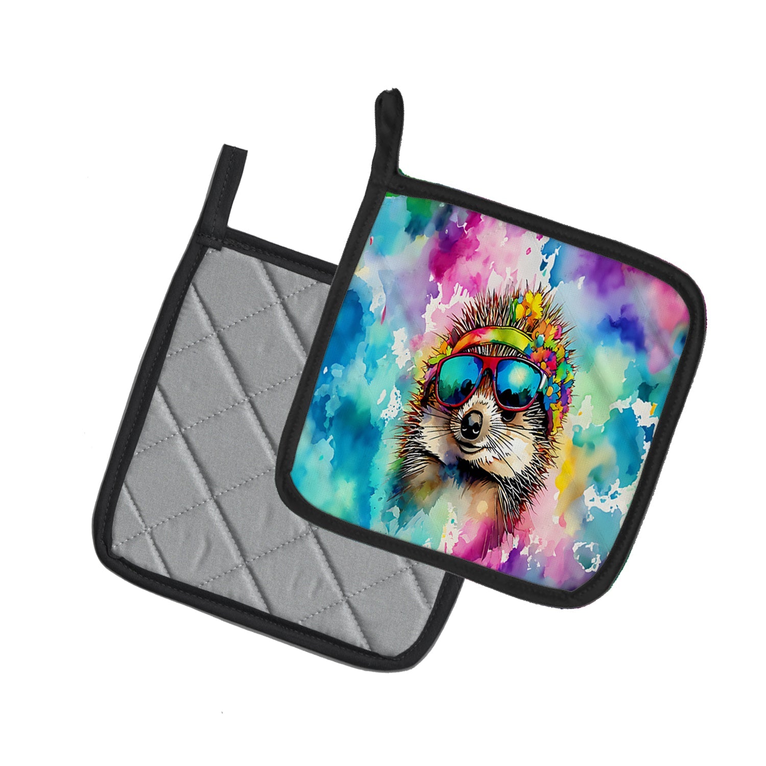 Hippie Animal Hedgehog Pot Holder Set of 2 Heat Resistant Quilted Hot Pads 7.5 x 7.5 Inch, Insulated Kitchen Trivets for Cooking & Baking