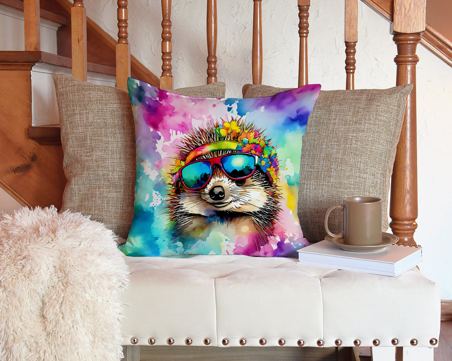 Hippie Animal Hedgehog Decorative Throw Pillow 14x14 Indoor Outdoor Accent Cushion, Fabric Cover with Insert for Sofa, Bed, Porch & Living Room