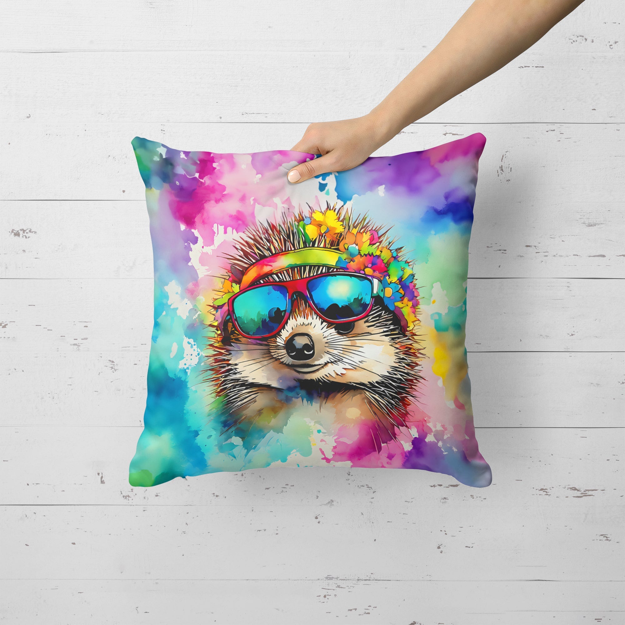 Hippie Animal Hedgehog Decorative Throw Pillow 18x18 Indoor Outdoor Accent Cushion, Fabric Cover with Insert for Sofa, Bed, Porch & Living Room