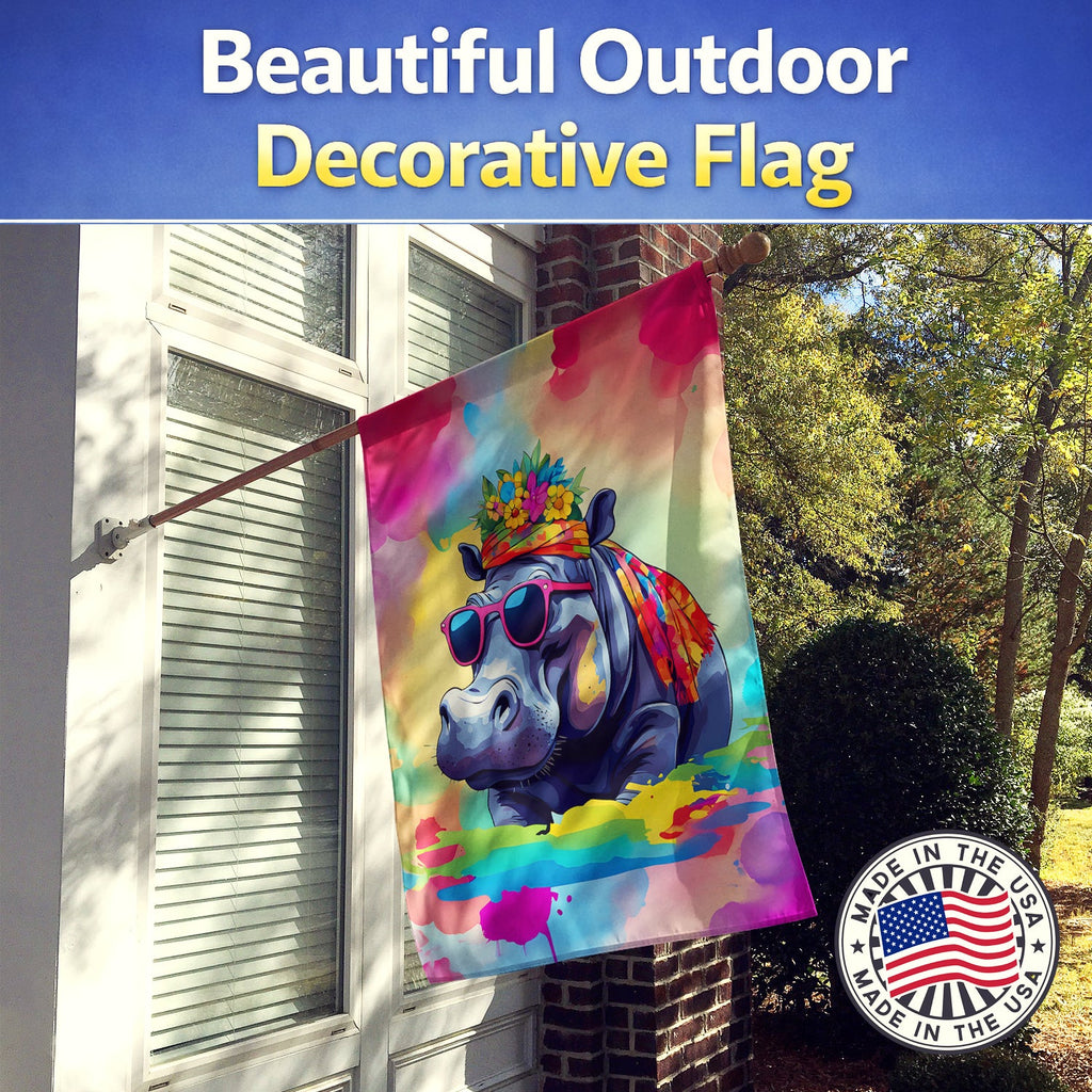 Hippie Animal Hippopotamus House Flag 28x40 Porch Sleeve Pole Decorative Outside Yard Banner Artwork Wall Hanging, Polyester