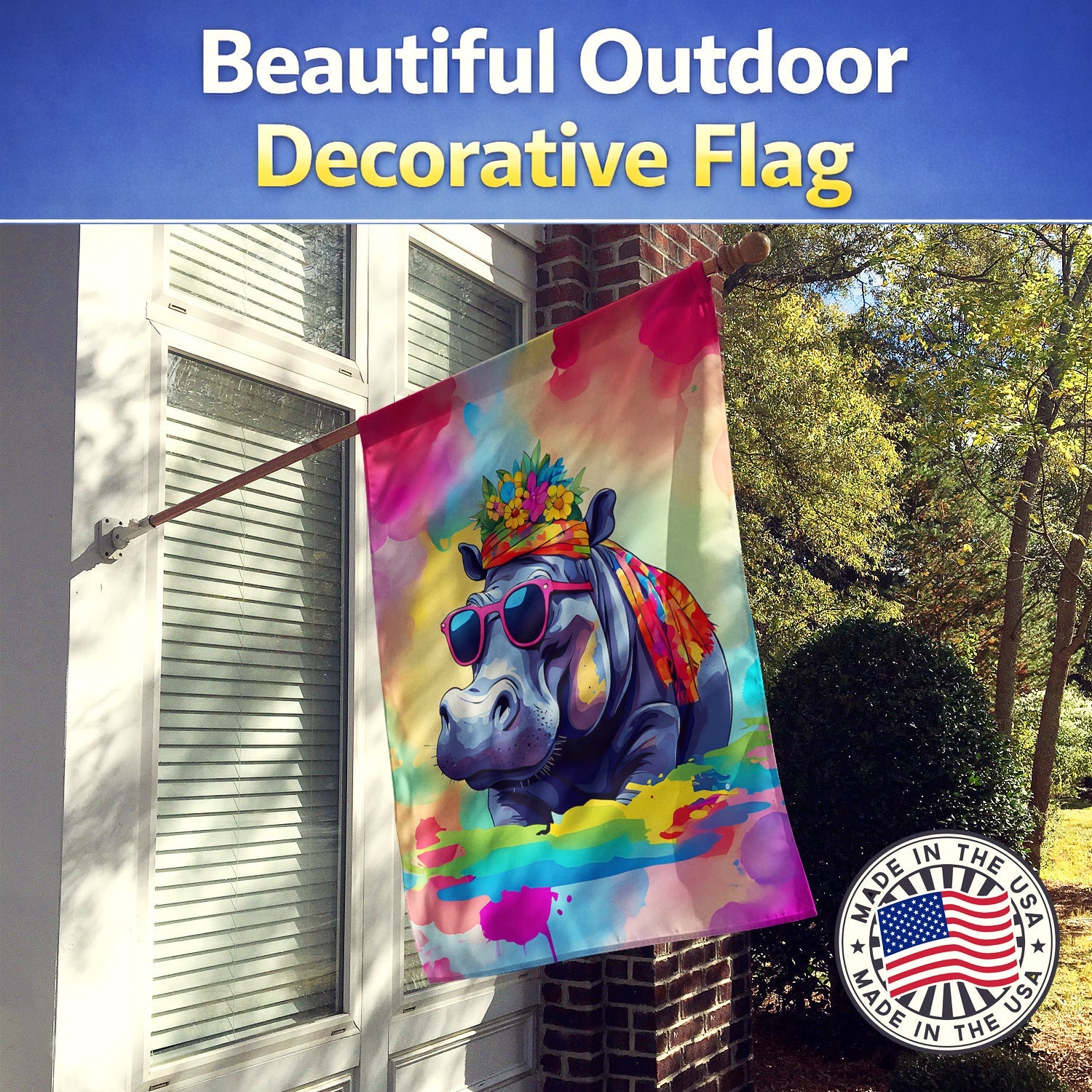 Hippie Animal Hippopotamus House Flag 28x40 Porch Sleeve Pole Decorative Outside Yard Banner Artwork Wall Hanging, Polyester