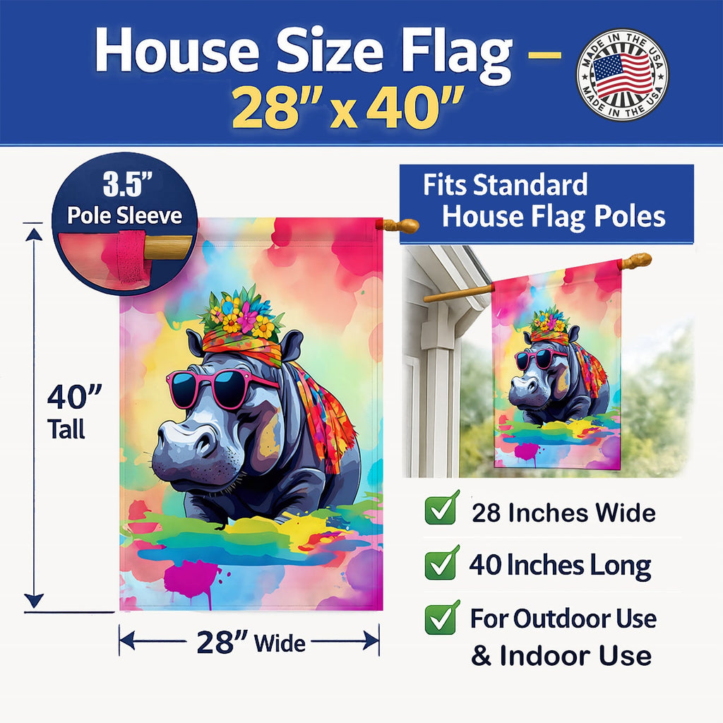 Hippie Animal Hippopotamus House Flag 28x40 Porch Sleeve Pole Decorative Outside Yard Banner Artwork Wall Hanging, Polyester