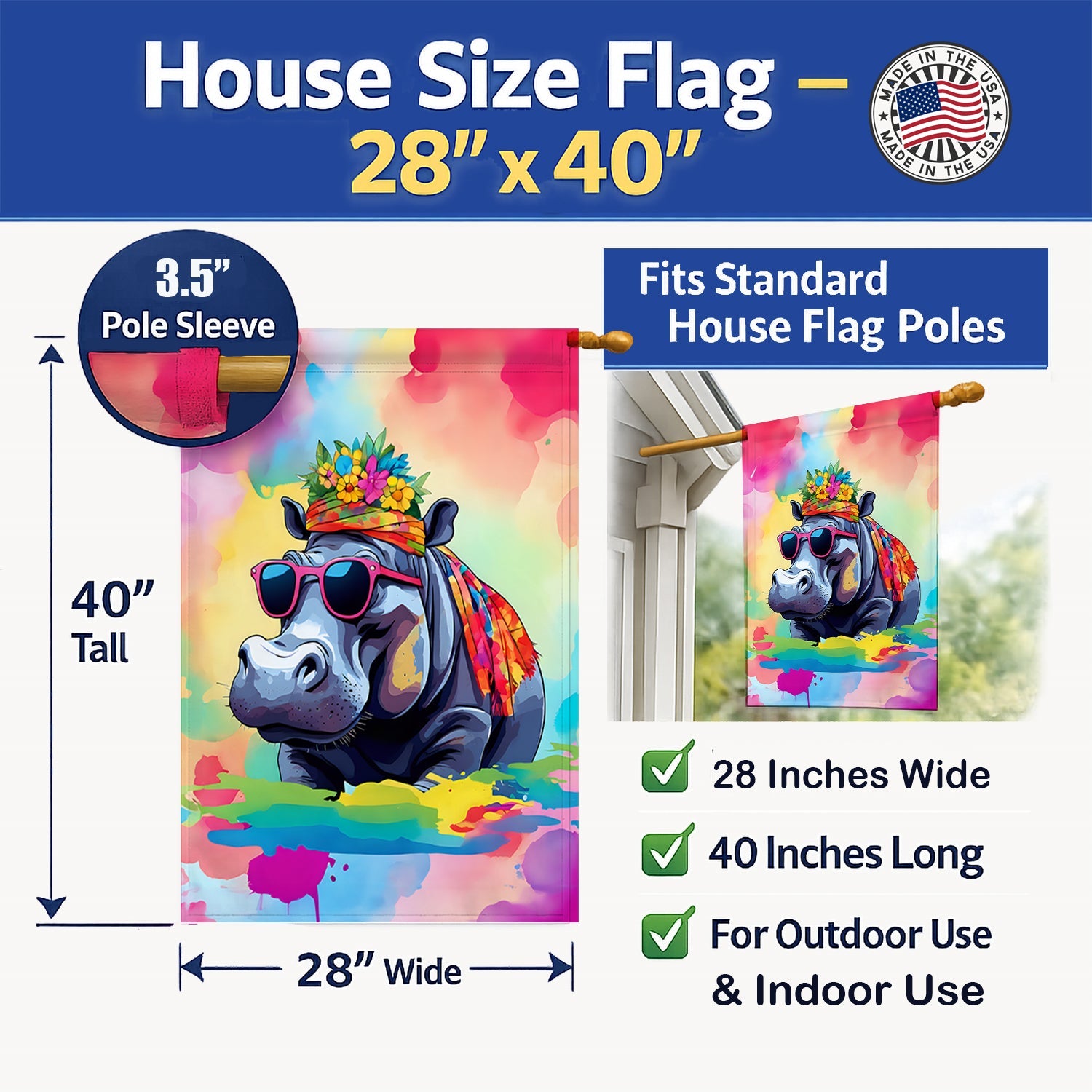 Hippie Animal Hippopotamus House Flag 28x40 Porch Sleeve Pole Decorative Outside Yard Banner Artwork Wall Hanging, Polyester