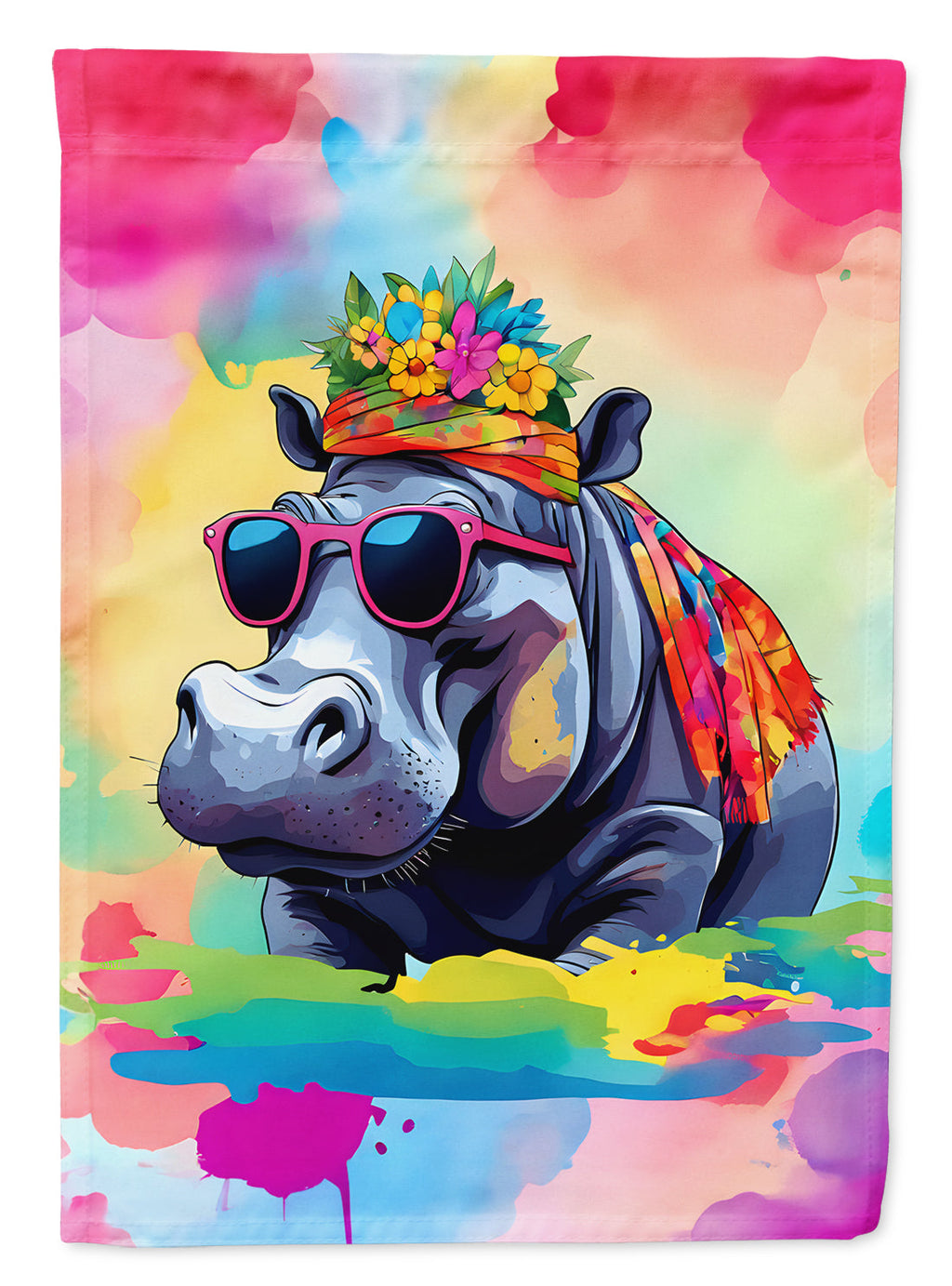 Hippie Animal Hippopotamus House Flag 28x40 Porch Sleeve Pole Decorative Outside Yard Banner Artwork Wall Hanging, Polyester