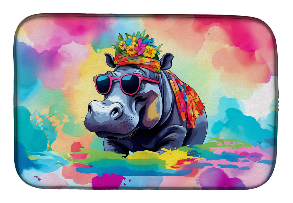 Hippie Animal Hippopotamus Dish Drying Mat Absorbent Dish Drying Mat Pad for Kitchen Counter Dish Drainer Mat for Countertop, 14 x 21", Multicolor