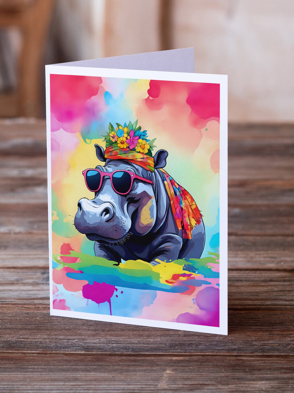 Hippie Animal Hippopotamus Greeting Cards Pack of 8 Blank Cards with Envelopes Whimsical A7 Size 5x7