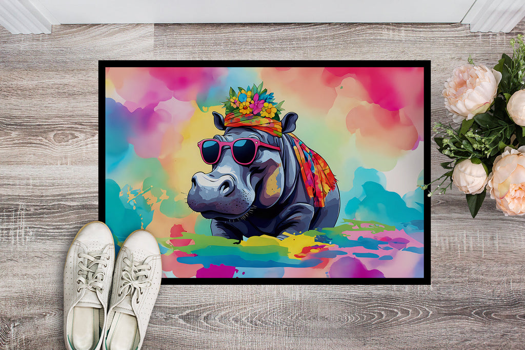 Hippie Animal Hippopotamus Doormat Indoor Outdoor 24H X 36W Front Door Mat Rugs for Entryway, Non Slip Washable Low Pile,