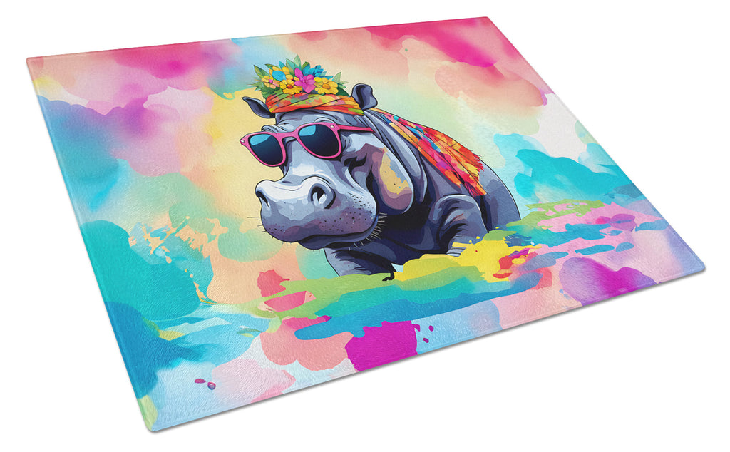 Hippie Animal Hippopotamus Cutting Board Tempered Glass Kitchen Cutting Surface, Heat Resistant Chopping, Non-Slip Feet, Food Prep & Serving