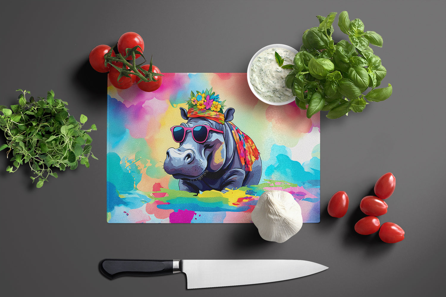 Hippie Animal Hippopotamus Cutting Board Tempered Glass Kitchen Cutting Surface, Heat Resistant Chopping, Non-Slip Feet, Food Prep & Serving