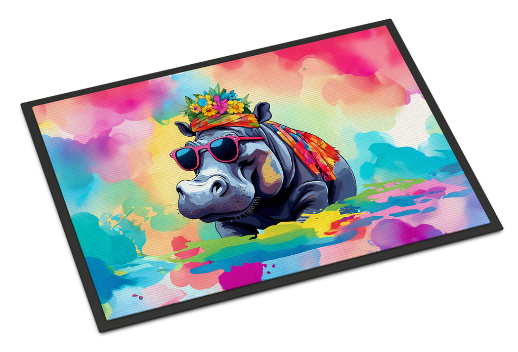 Hippie Animal Hippopotamus Doormat Indoor Outdoor 18H X 27W Front Door Mat Rugs for Entryway, Non Slip Washable