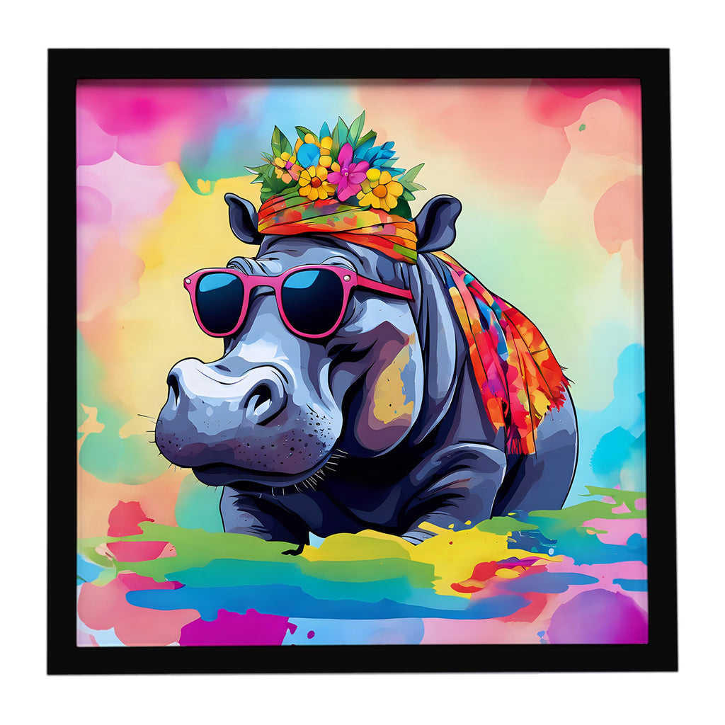 Hippie Animal Hippopotamus Framed Metal Print Bathroom, Kitchen, Office, Home Decor Wall Art Ready to Hang, Square, 8X8