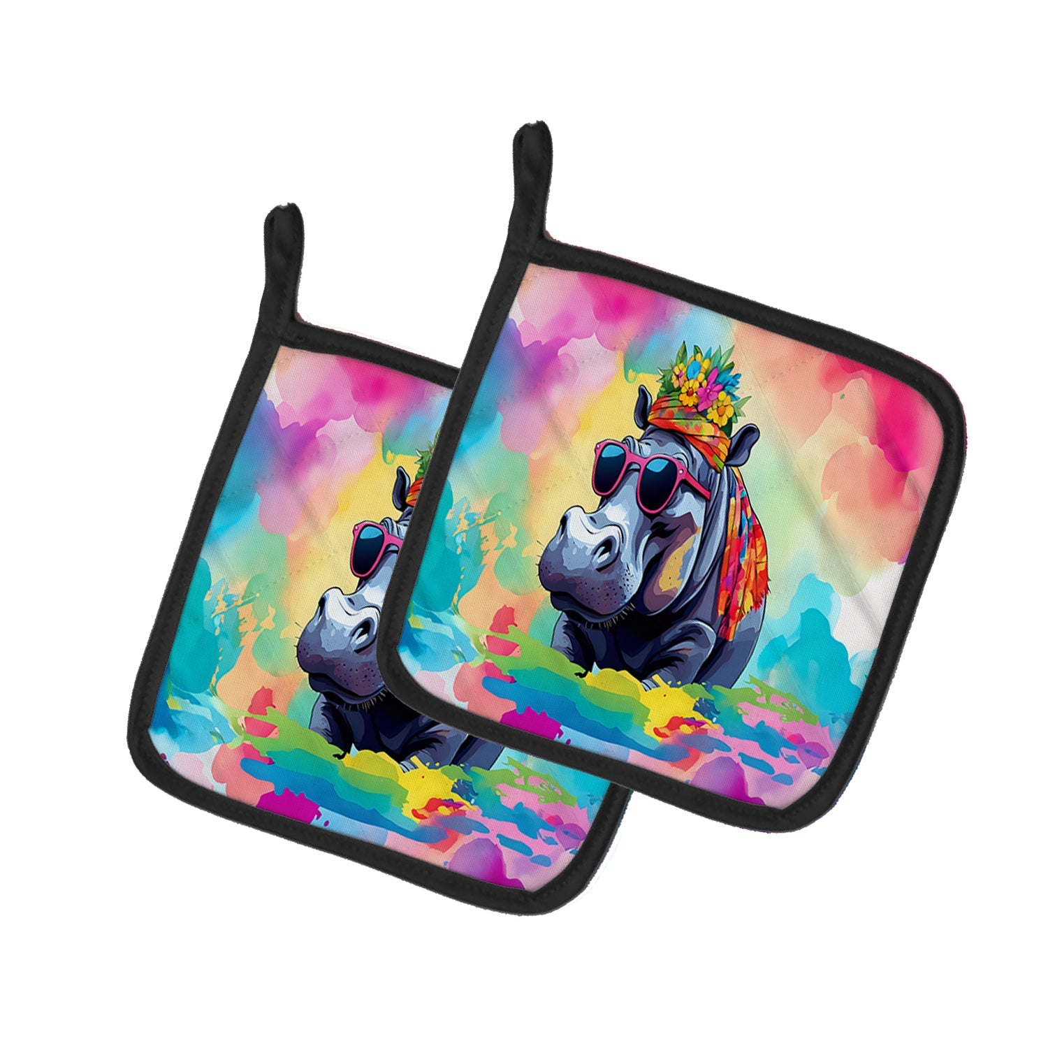 Hippie Animal Hippopotamus Pot Holder Set of 2 Heat Resistant Quilted Hot Pads 7.5 x 7.5 Inch, Insulated Kitchen Trivets for Cooking & Baking