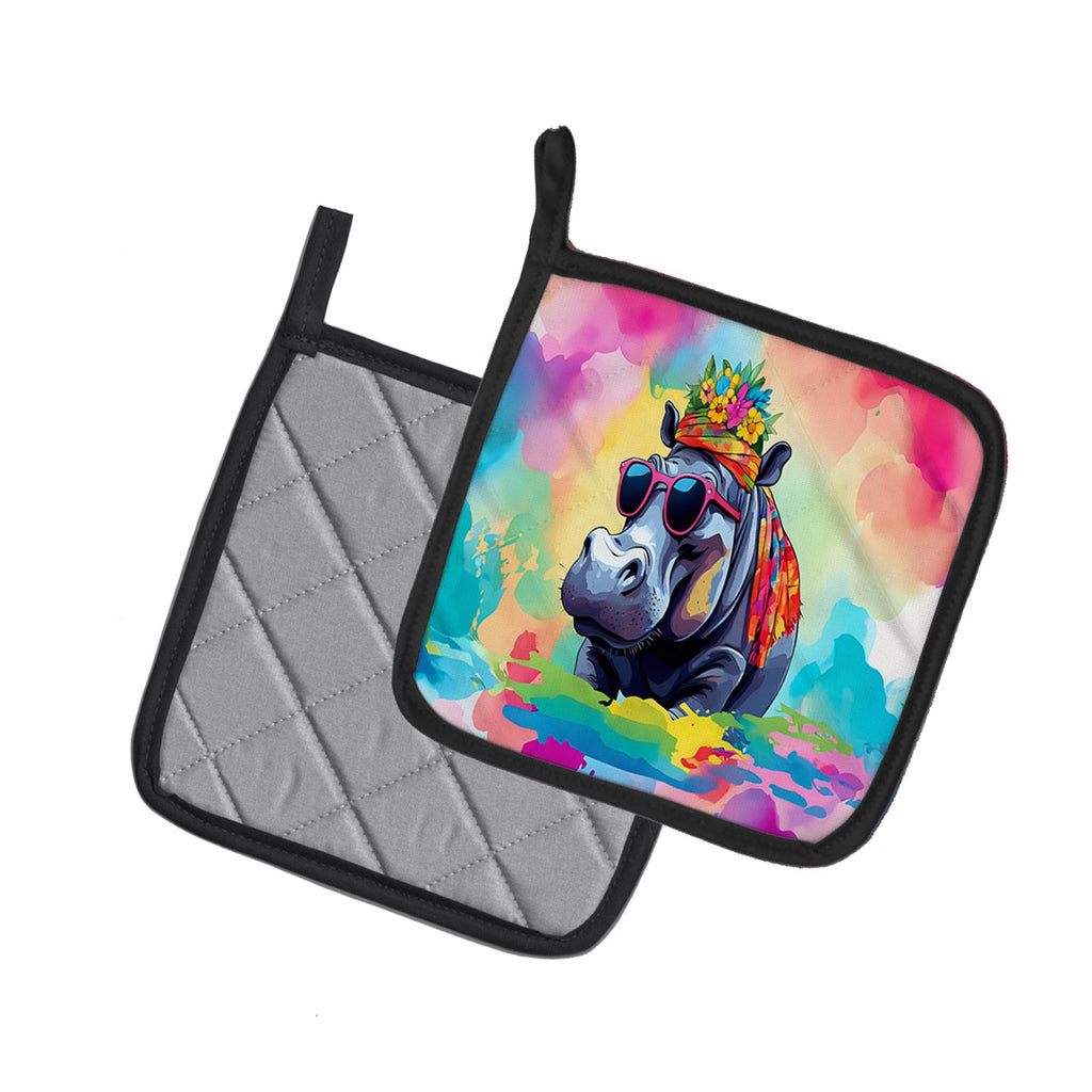 Hippie Animal Hippopotamus Pot Holder Set of 2 Heat Resistant Quilted Hot Pads 7.5 x 7.5 Inch, Insulated Kitchen Trivets for Cooking & Baking