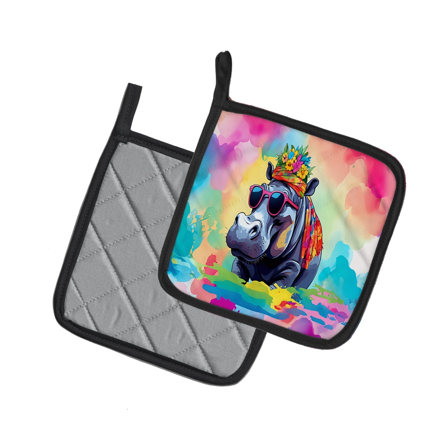 Hippie Animal Hippopotamus Pot Holder Set of 2 Heat Resistant Quilted Hot Pads 7.5 x 7.5 Inch, Insulated Kitchen Trivets for Cooking & Baking