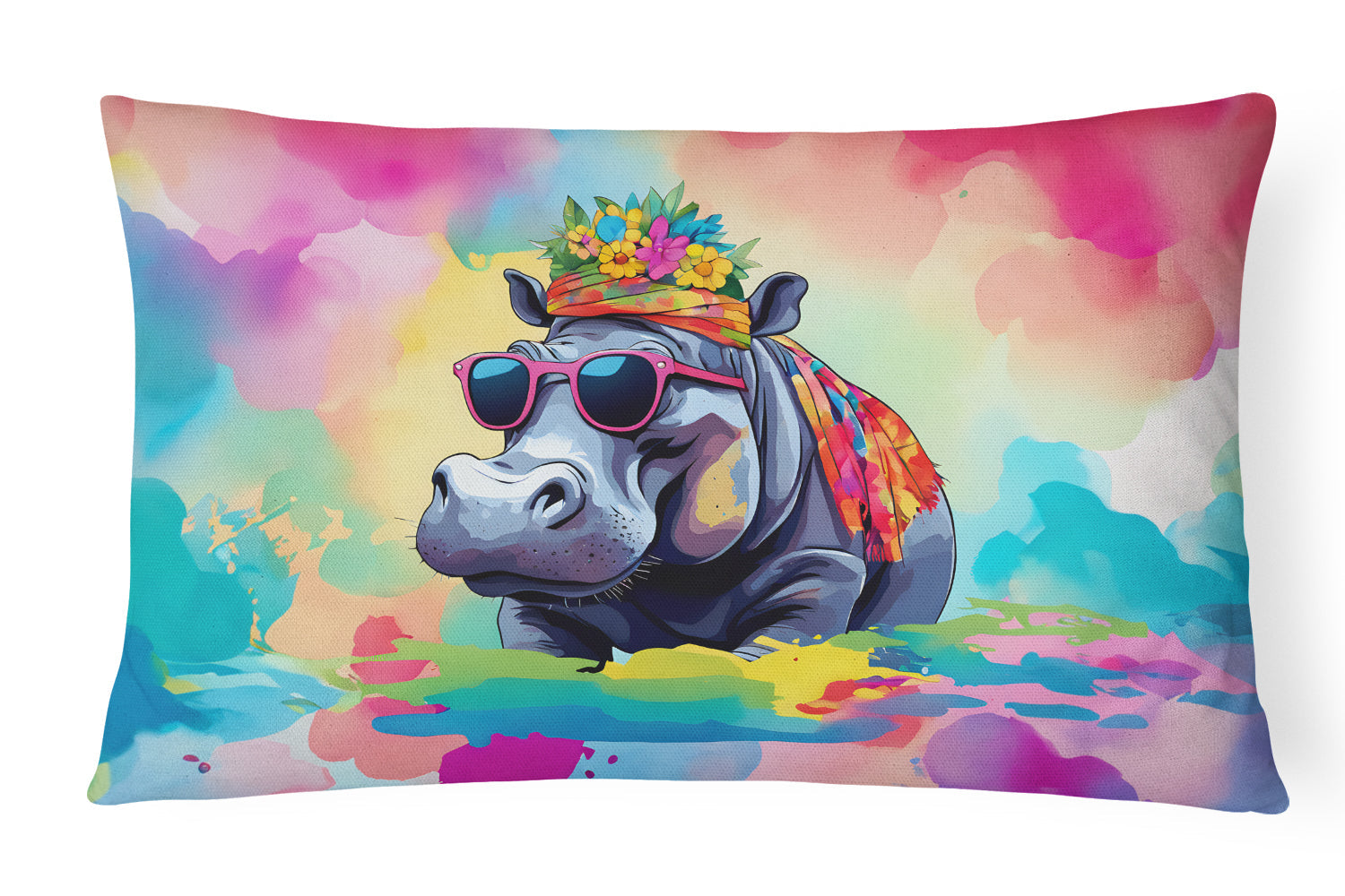 Hippie Animal Hippopotamus Decorative Throw Pillow 12x16 Indoor Outdoor Accent Cushion, Fabric Cover with Insert for Sofa, Bed, Porch & Living Room