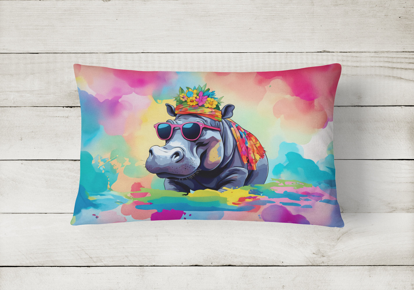 Hippie Animal Hippopotamus Decorative Throw Pillow 12x16 Indoor Outdoor Accent Cushion, Fabric Cover with Insert for Sofa, Bed, Porch & Living Room