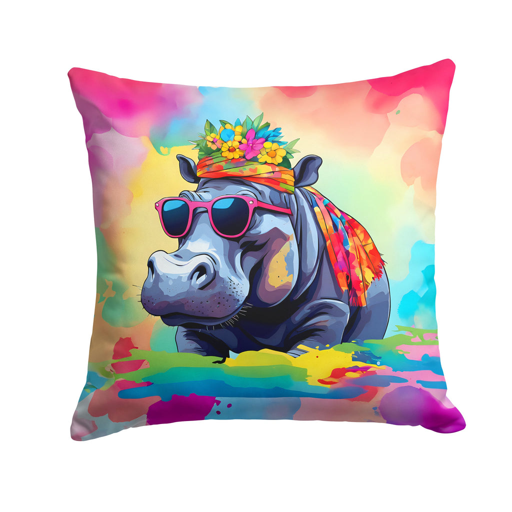 Hippie Animal Hippopotamus Decorative Throw Pillow 14x14 Indoor Outdoor Accent Cushion, Fabric Cover with Insert for Sofa, Bed, Porch & Living Room