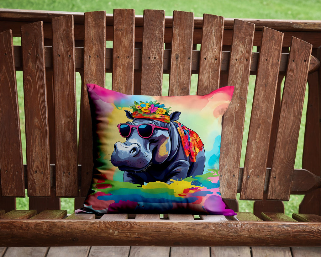 Hippie Animal Hippopotamus Decorative Throw Pillow 14x14 Indoor Outdoor Accent Cushion, Fabric Cover with Insert for Sofa, Bed, Porch & Living Room