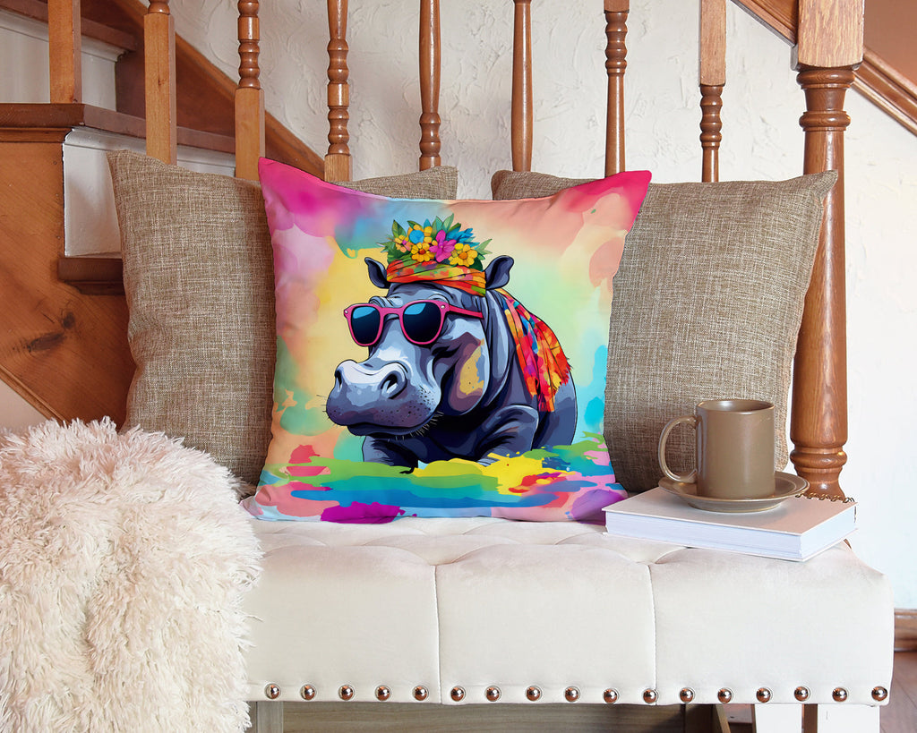 Hippie Animal Hippopotamus Decorative Throw Pillow 14x14 Indoor Outdoor Accent Cushion, Fabric Cover with Insert for Sofa, Bed, Porch & Living Room