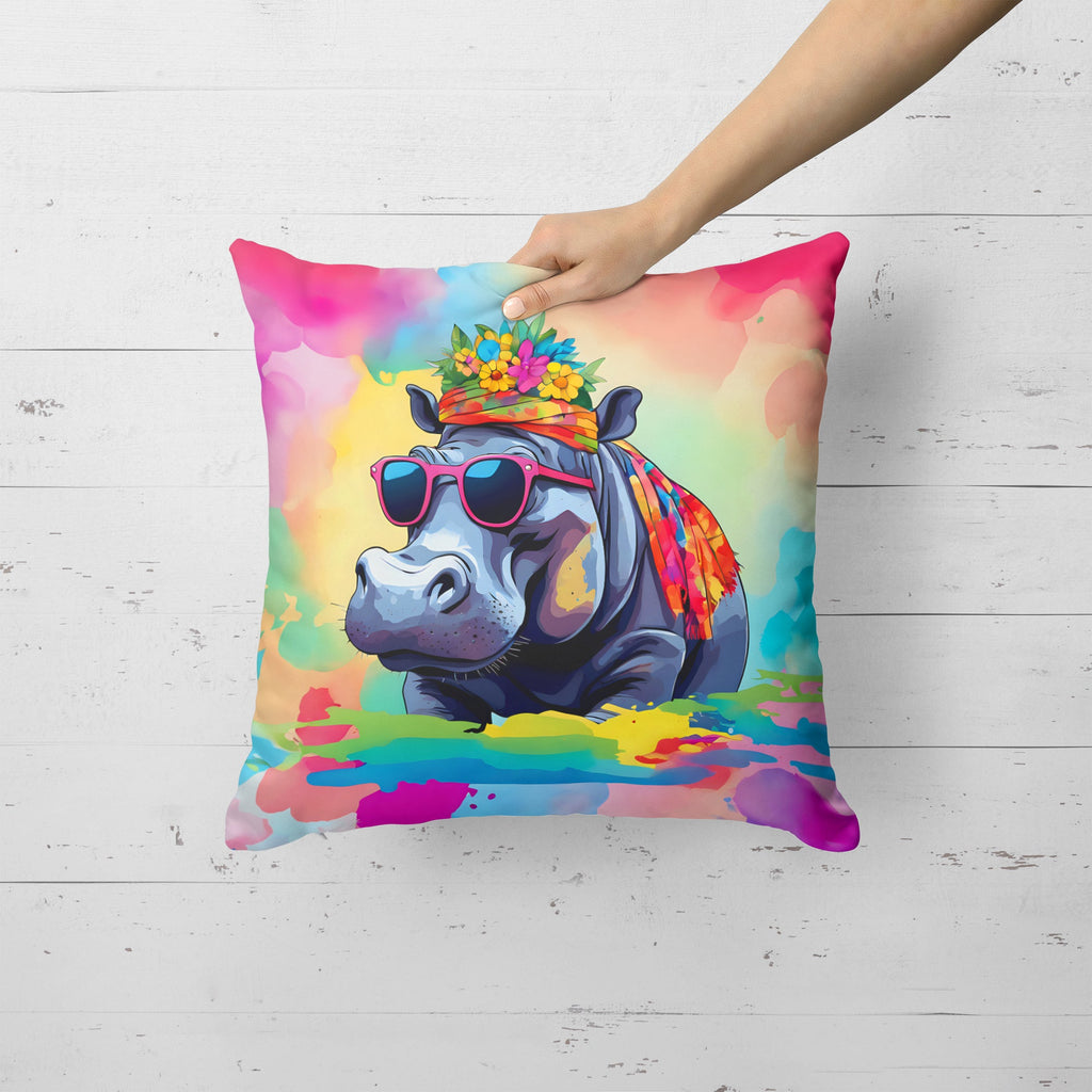 Hippie Animal Hippopotamus Decorative Throw Pillow 18x18 Indoor Outdoor Accent Cushion, Fabric Cover with Insert for Sofa, Bed, Porch & Living Room