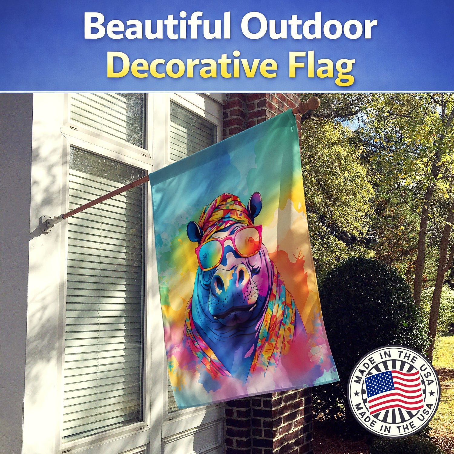 Hippie Animal Hippopotamus House Flag 28x40 Porch Sleeve Pole Decorative Outside Yard Banner Artwork Wall Hanging, Polyester