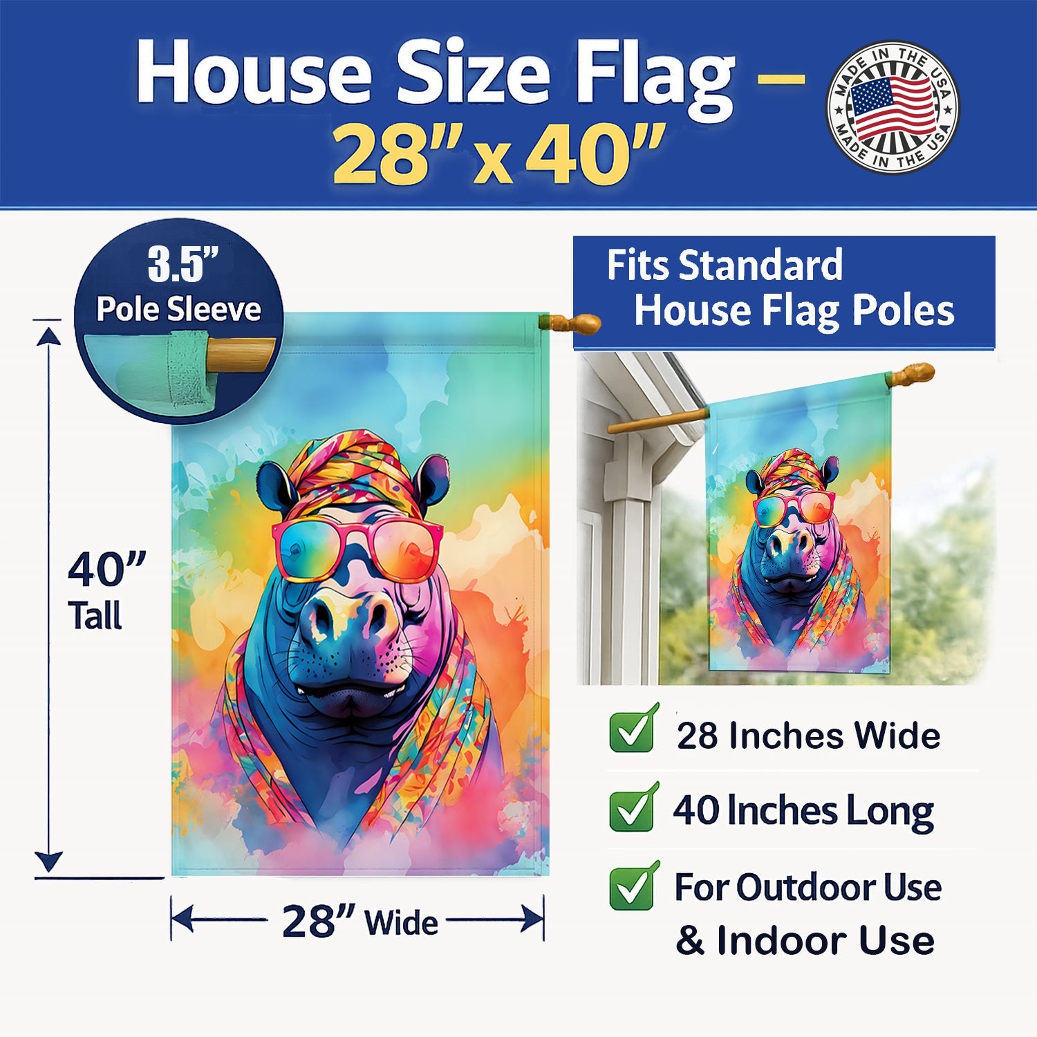 Hippie Animal Hippopotamus House Flag 28x40 Porch Sleeve Pole Decorative Outside Yard Banner Artwork Wall Hanging, Polyester