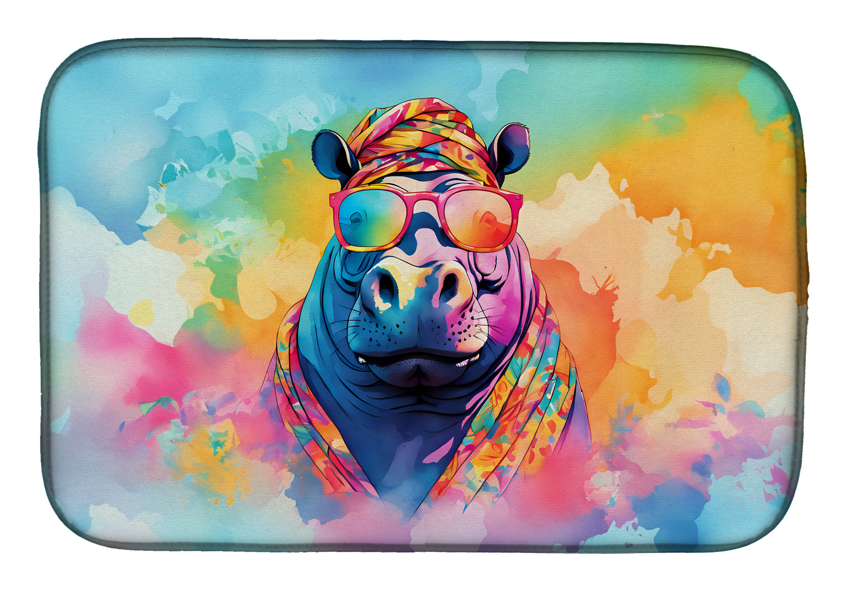 Hippie Animal Hippopotamus Dish Drying Mat Absorbent Dish Drying Mat Pad for Kitchen Counter Dish Drainer Mat for Countertop, 14 x 21", Multicolor