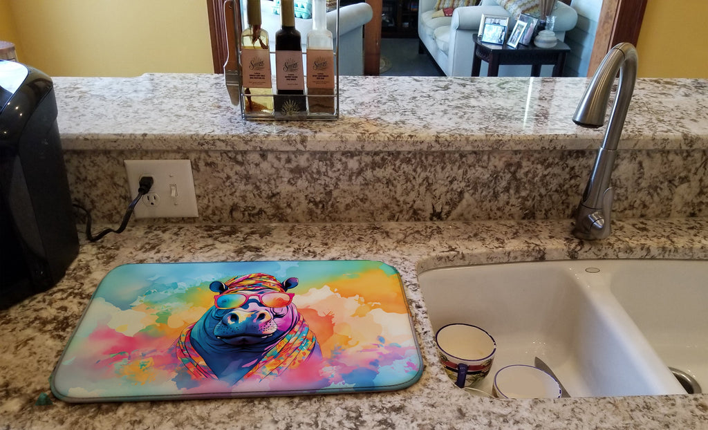 Hippie Animal Hippopotamus Dish Drying Mat Absorbent Dish Drying Mat Pad for Kitchen Counter Dish Drainer Mat for Countertop, 14 x 21", Multicolor