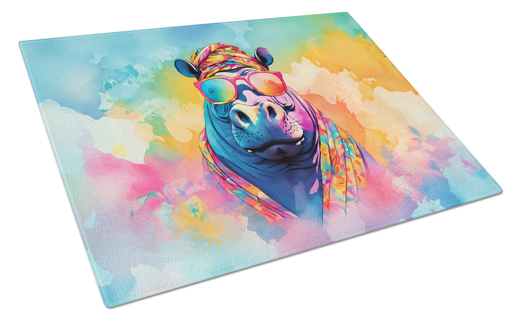 Hippie Animal Hippopotamus Cutting Board Tempered Glass Kitchen Cutting Surface, Heat Resistant Chopping, Non-Slip Feet, Food Prep & Serving