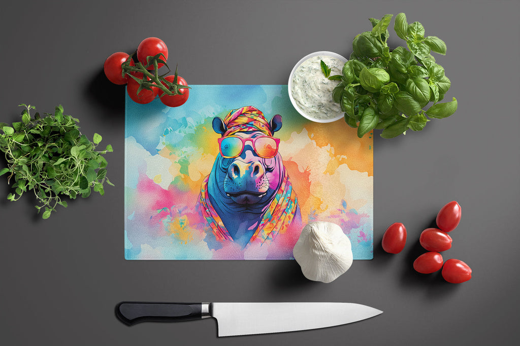 Hippie Animal Hippopotamus Cutting Board Tempered Glass Kitchen Cutting Surface, Heat Resistant Chopping, Non-Slip Feet, Food Prep & Serving