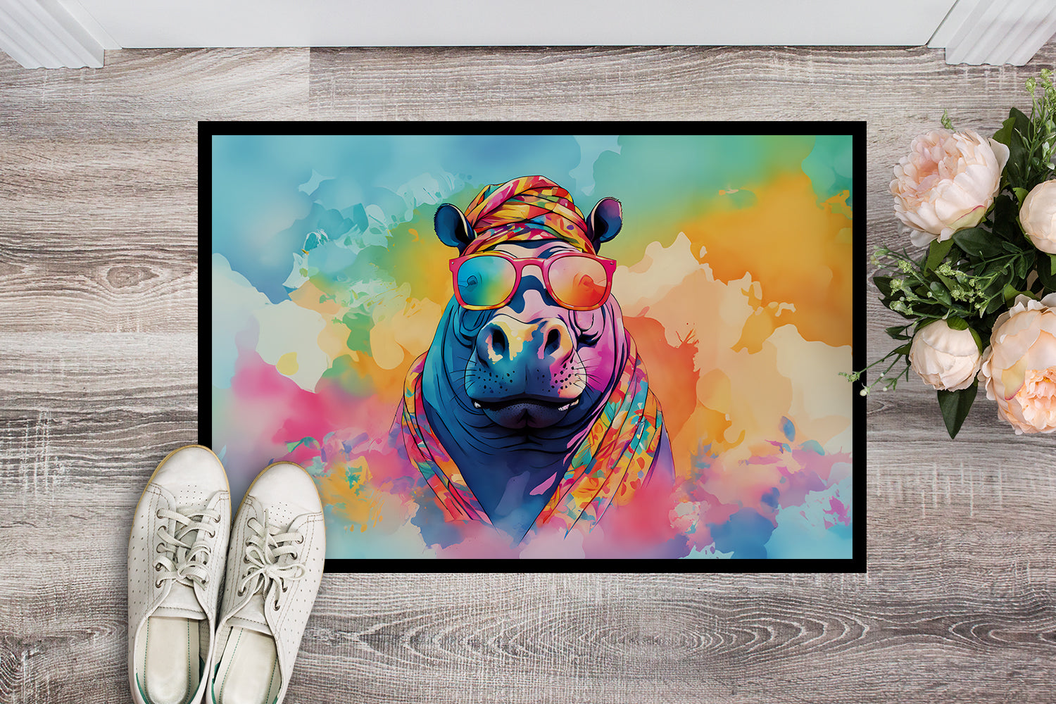 Hippie Animal Hippopotamus Doormat Indoor Outdoor 18H X 27W Front Door Mat Rugs for Entryway, Non Slip Washable