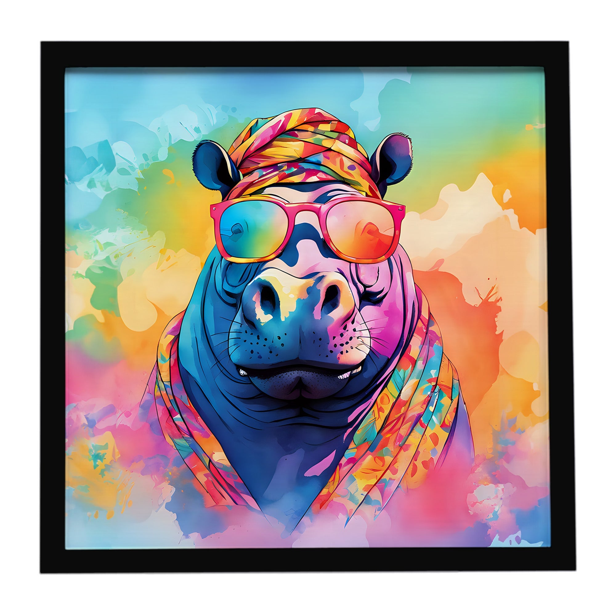 Hippie Animal Hippopotamus Framed Metal Print Bathroom, Kitchen, Office, Home Decor Wall Art Ready to Hang, Square, 8X8