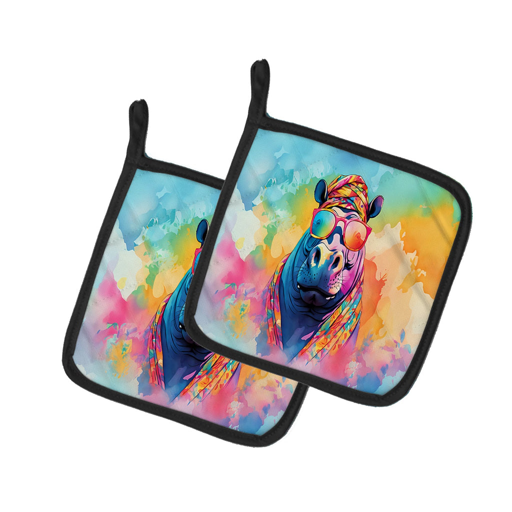 Hippie Animal Hippopotamus Pot Holder Set of 2 Heat Resistant Quilted Hot Pads 7.5 x 7.5 Inch, Insulated Kitchen Trivets for Cooking & Baking