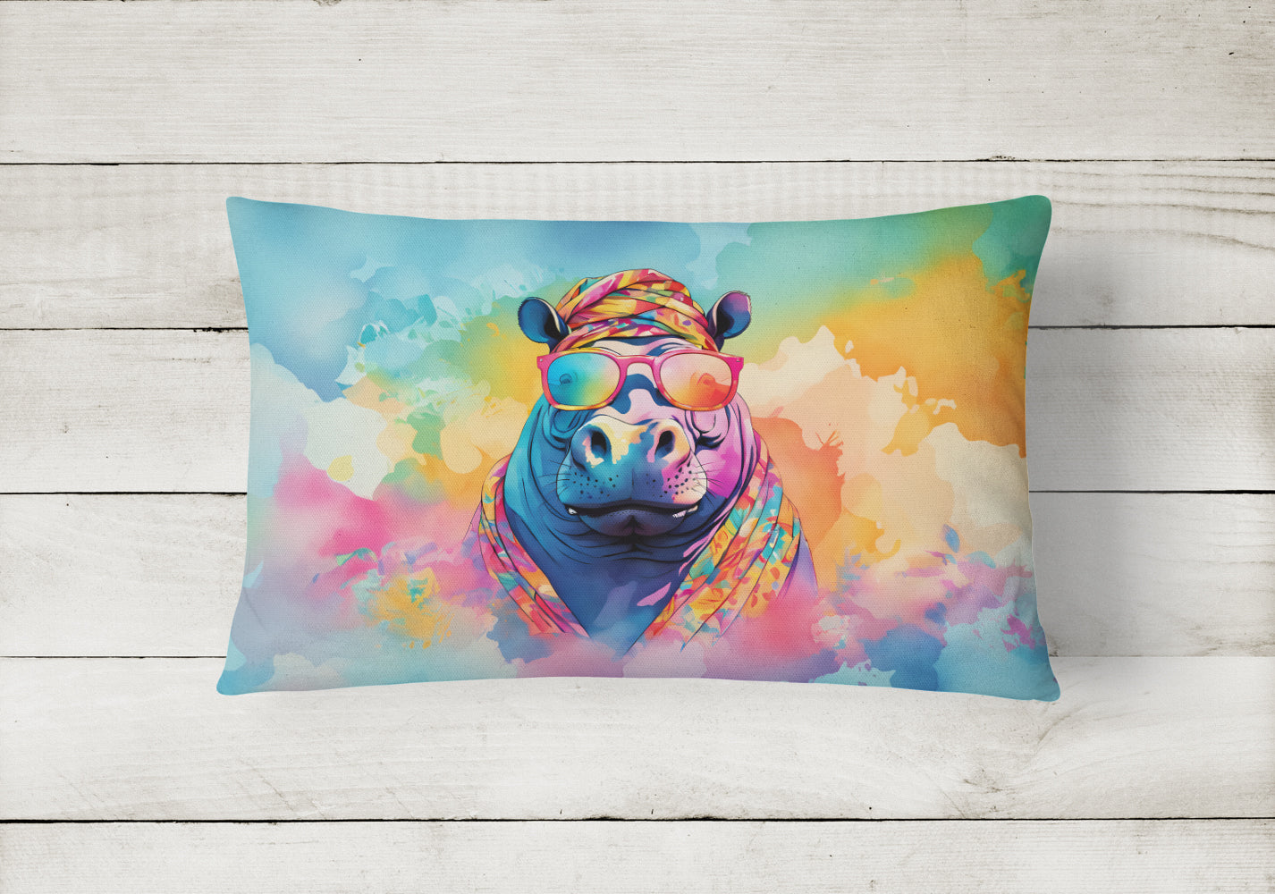 Hippie Animal Hippopotamus Decorative Throw Pillow 12x16 Indoor Outdoor Accent Cushion, Fabric Cover with Insert for Sofa, Bed, Porch & Living Room