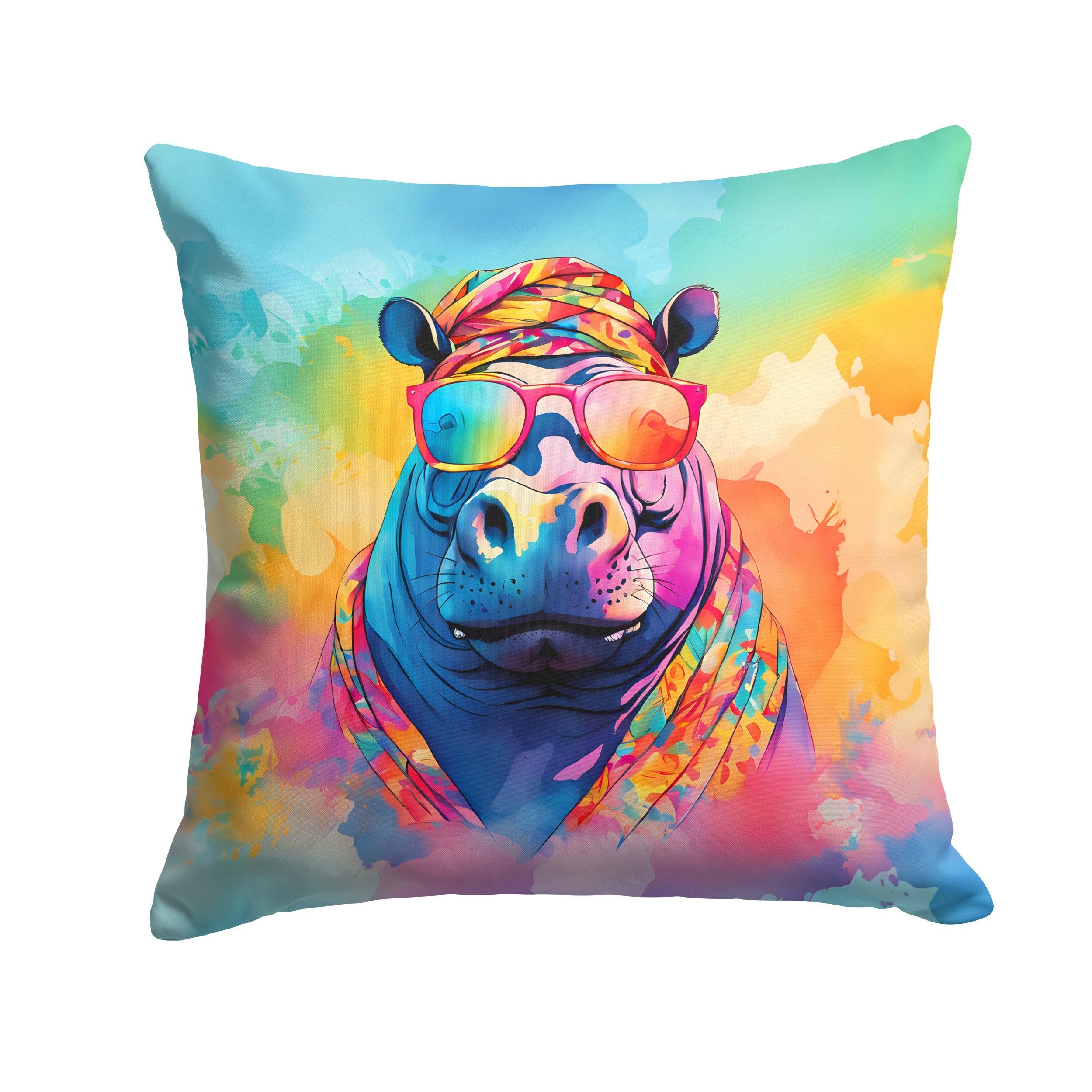 Hippie Animal Hippopotamus Decorative Throw Pillow 14x14 Indoor Outdoor Accent Cushion, Fabric Cover with Insert for Sofa, Bed, Porch & Living Room