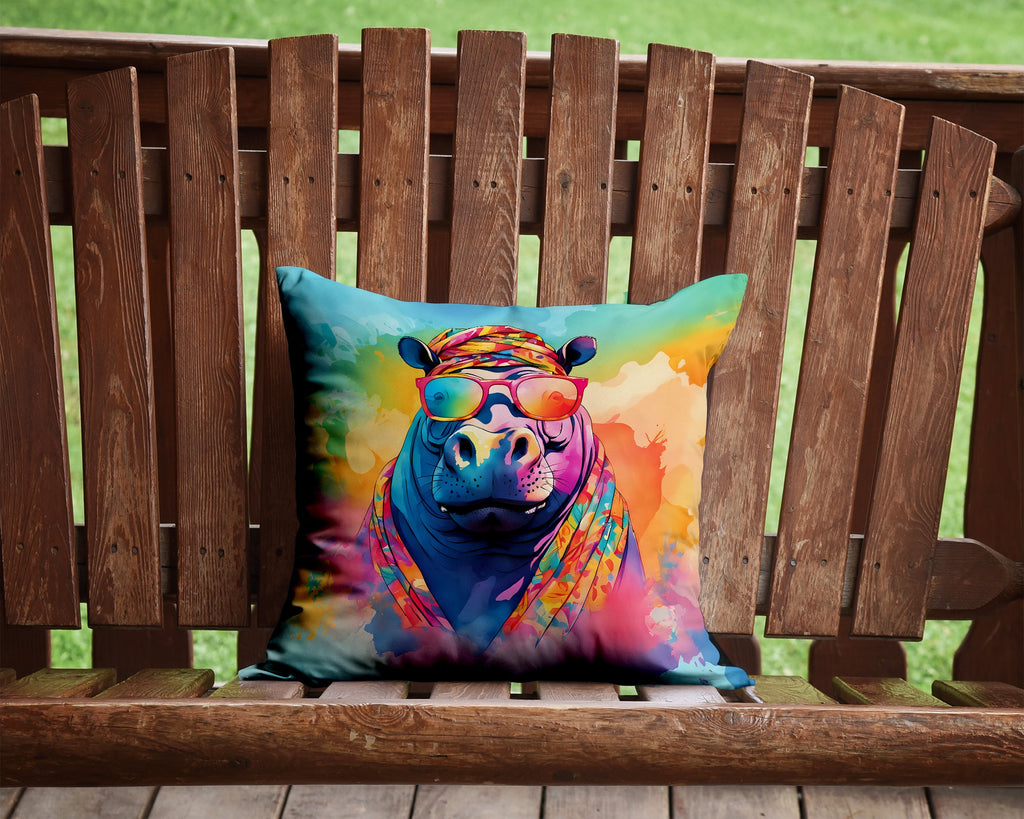 Hippie Animal Hippopotamus Decorative Throw Pillow 14x14 Indoor Outdoor Accent Cushion, Fabric Cover with Insert for Sofa, Bed, Porch & Living Room