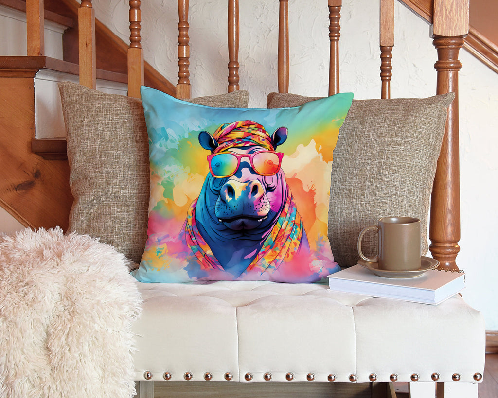 Hippie Animal Hippopotamus Decorative Throw Pillow 14x14 Indoor Outdoor Accent Cushion, Fabric Cover with Insert for Sofa, Bed, Porch & Living Room