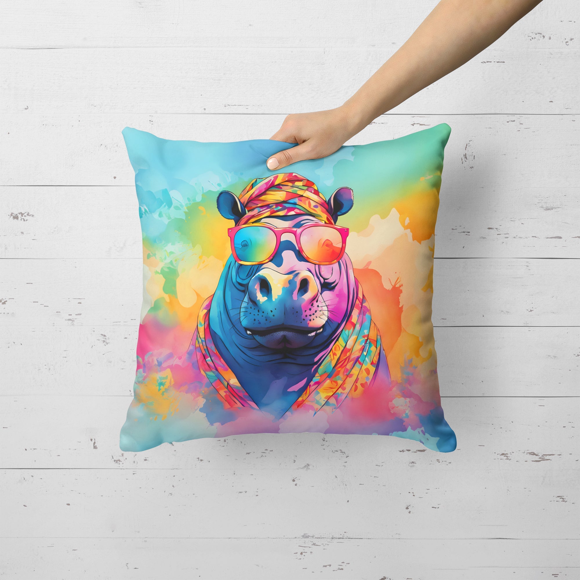 Hippie Animal Hippopotamus Decorative Throw Pillow 18x18 Indoor Outdoor Accent Cushion, Fabric Cover with Insert for Sofa, Bed, Porch & Living Room