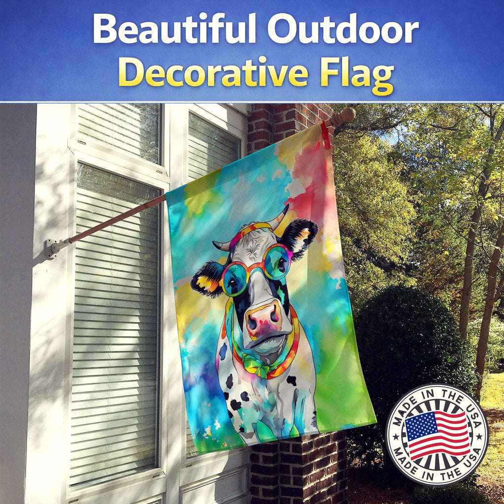 Hippie Animal Cow House Flag 28x40 Porch Sleeve Pole Decorative Outside Yard Banner Artwork Wall Hanging, Polyester
