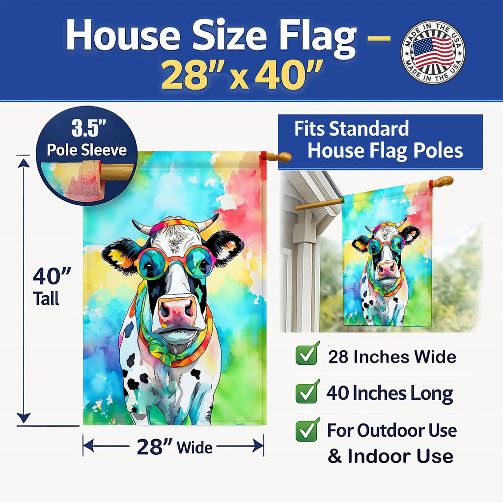 Hippie Animal Cow House Flag 28x40 Porch Sleeve Pole Decorative Outside Yard Banner Artwork Wall Hanging, Polyester